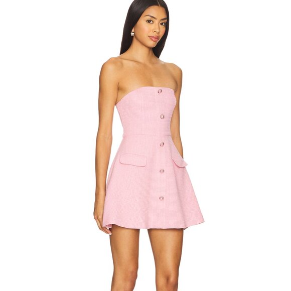 MORE TO COME Anwen Mini Dress in Baby Pink Tweed Strapless Tube Button Down - Picture 2 of 4